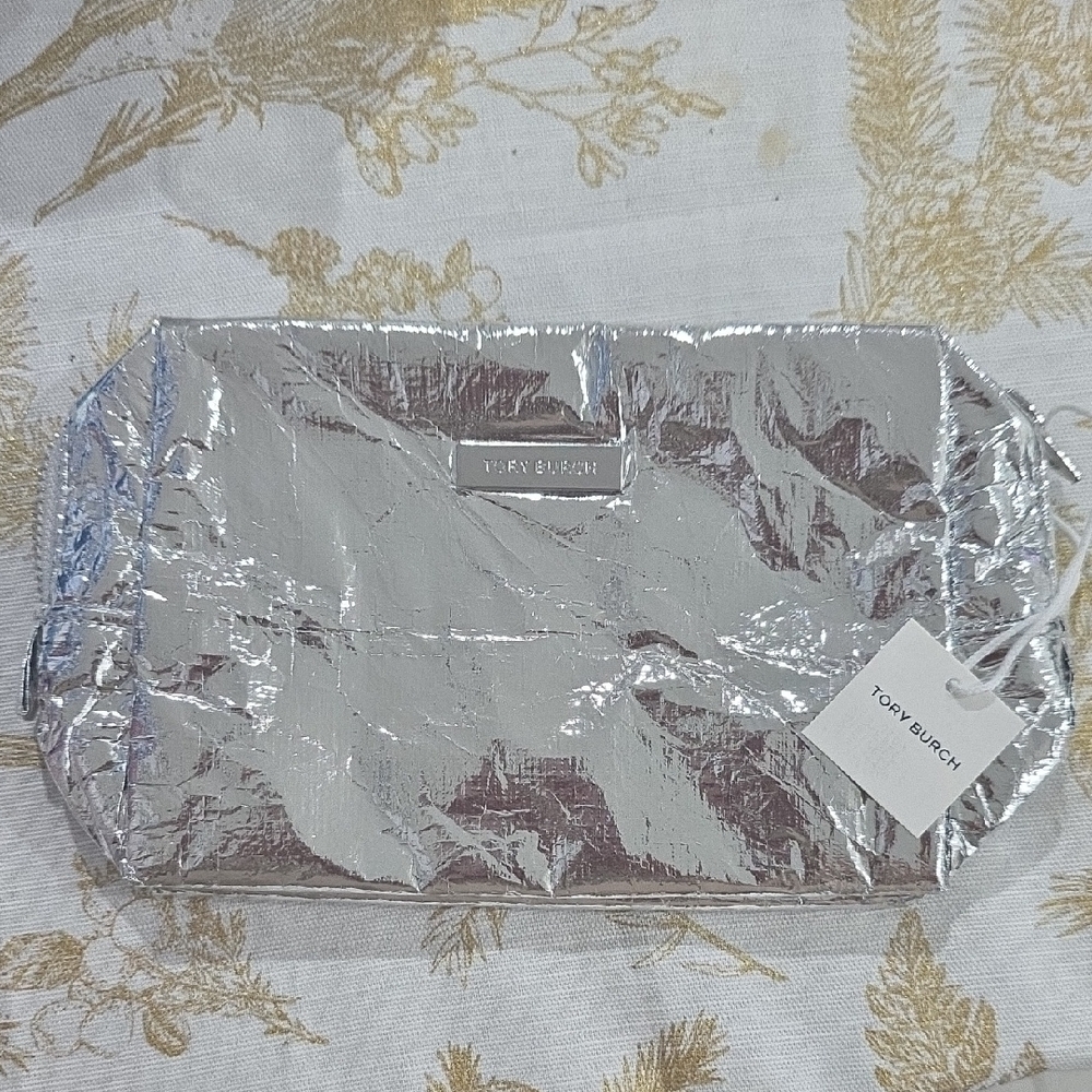 Tory Burch Metallic Silver Cosmetic Bag